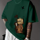 Men’s Summer Graphic Tee – Robot & Cupcake Design, Loose Fit