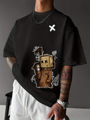 Men’s Summer Graphic Tee – Robot & Cupcake Design, Loose Fit