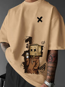 Men’s Summer Graphic Tee – Robot & Cupcake Design, Loose Fit