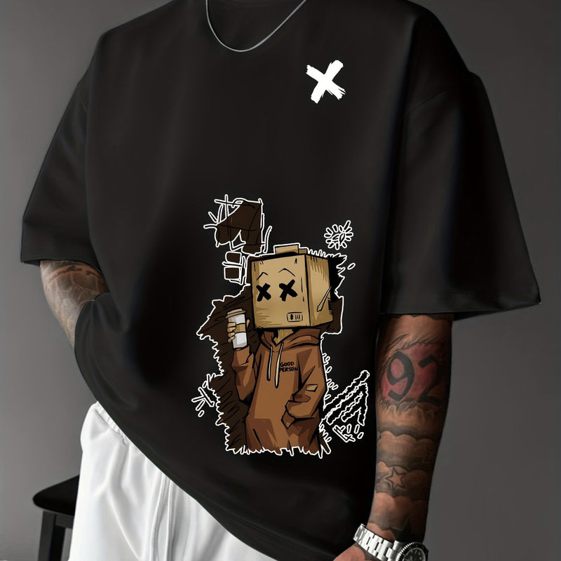 Men’s Summer Graphic Tee – Robot & Cupcake Design, Loose Fit