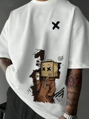 Men’s Summer Graphic Tee – Robot & Cupcake Design, Loose Fit