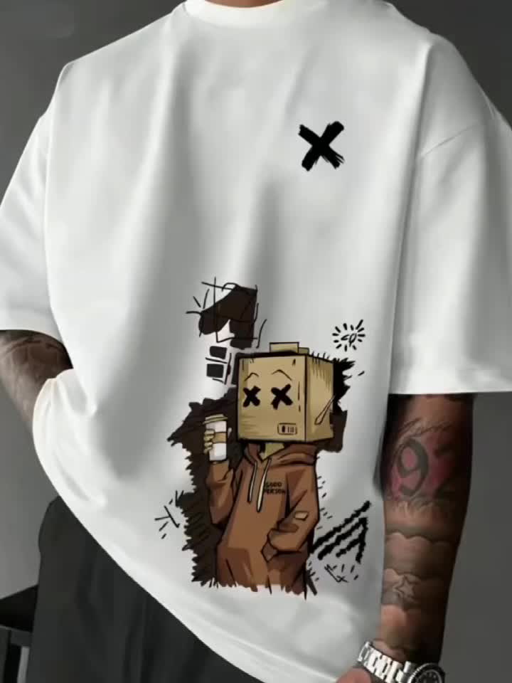 Men’s Summer Graphic Tee – Robot & Cupcake Design, Loose Fit