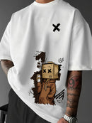 Men’s Summer Graphic Tee – Robot & Cupcake Design, Loose Fit