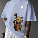 Men’s Summer Graphic Tee – Robot & Cupcake Design, Loose Fit