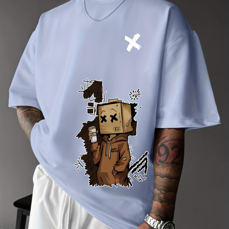 Men’s Summer Graphic Tee – Robot & Cupcake Design, Loose Fit