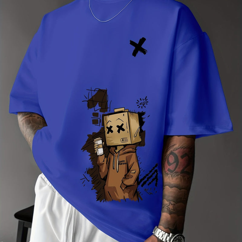 Men’s Summer Graphic Tee – Robot & Cupcake Design, Loose Fit