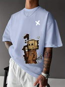 Men’s Summer Graphic Tee – Robot & Cupcake Design, Loose Fit