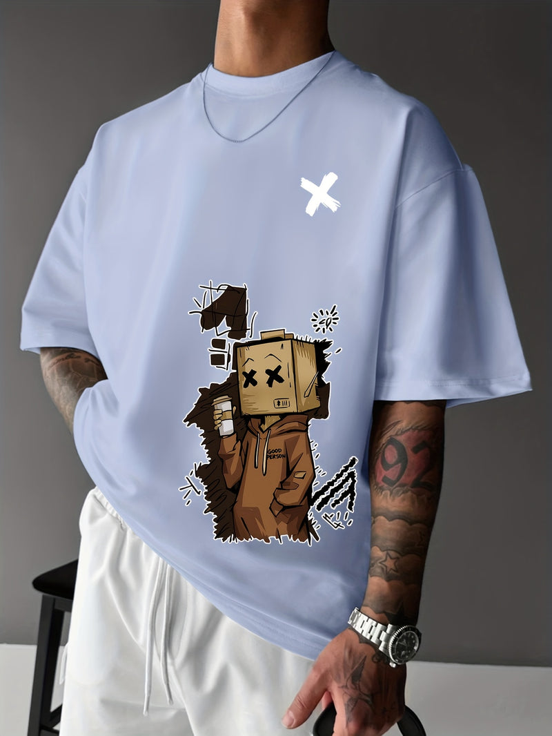 Men’s Summer Graphic Tee – Robot & Cupcake Design, Loose Fit