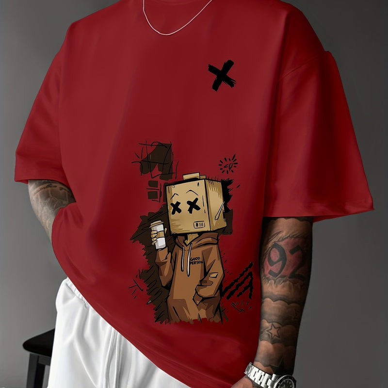 Men’s Summer Graphic Tee – Robot & Cupcake Design, Loose Fit