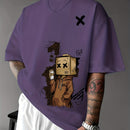 Men’s Summer Graphic Tee – Robot & Cupcake Design, Loose Fit