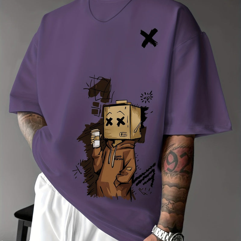 Men’s Summer Graphic Tee – Robot & Cupcake Design, Loose Fit