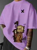 Men’s Summer Graphic Tee – Robot & Cupcake Design, Loose Fit