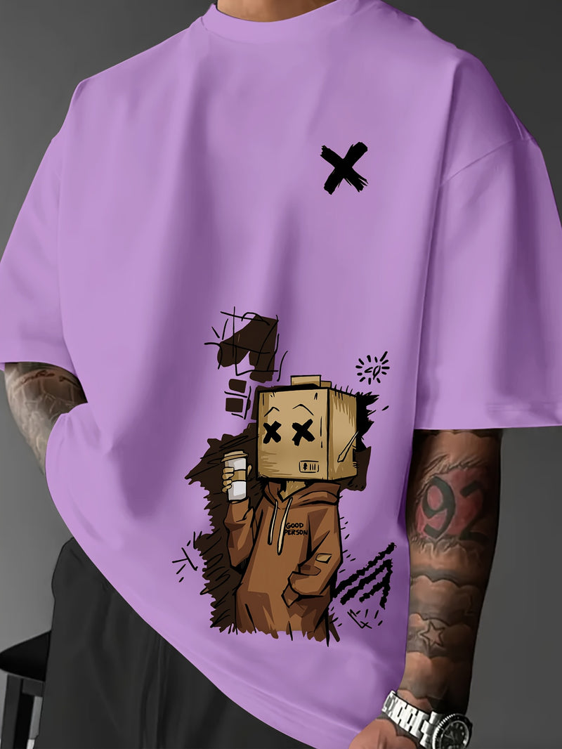 Men’s Summer Graphic Tee – Robot & Cupcake Design, Loose Fit