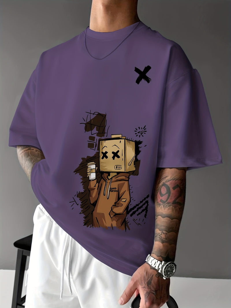 Men’s Summer Graphic Tee – Robot & Cupcake Design, Loose Fit