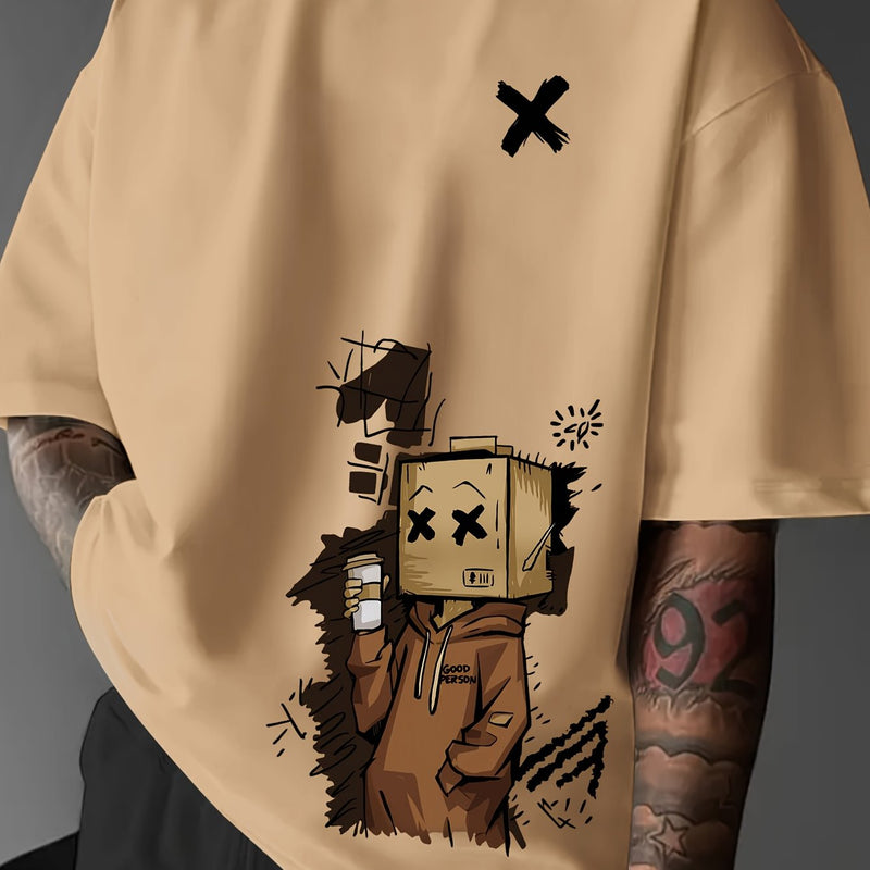 Men’s Summer Graphic Tee – Robot & Cupcake Design, Loose Fit