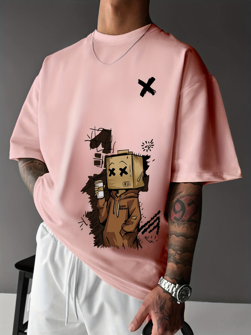 Men’s Summer Graphic Tee – Robot & Cupcake Design, Loose Fit