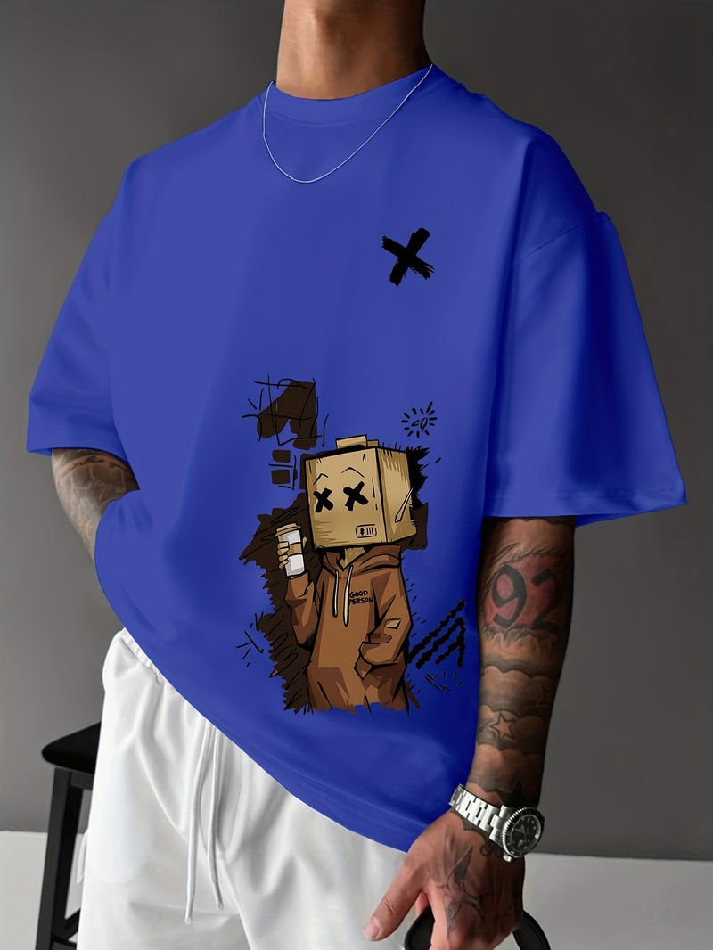 Men’s Summer Graphic Tee – Robot & Cupcake Design, Loose Fit