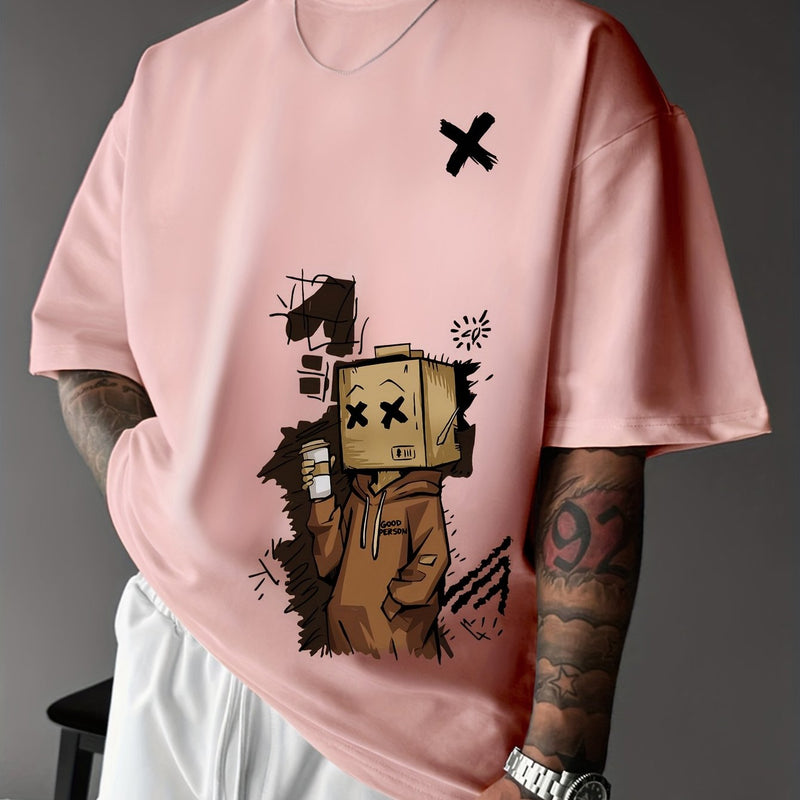 Men’s Summer Graphic Tee – Robot & Cupcake Design, Loose Fit