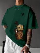 Men’s Summer Graphic Tee – Robot & Cupcake Design, Loose Fit